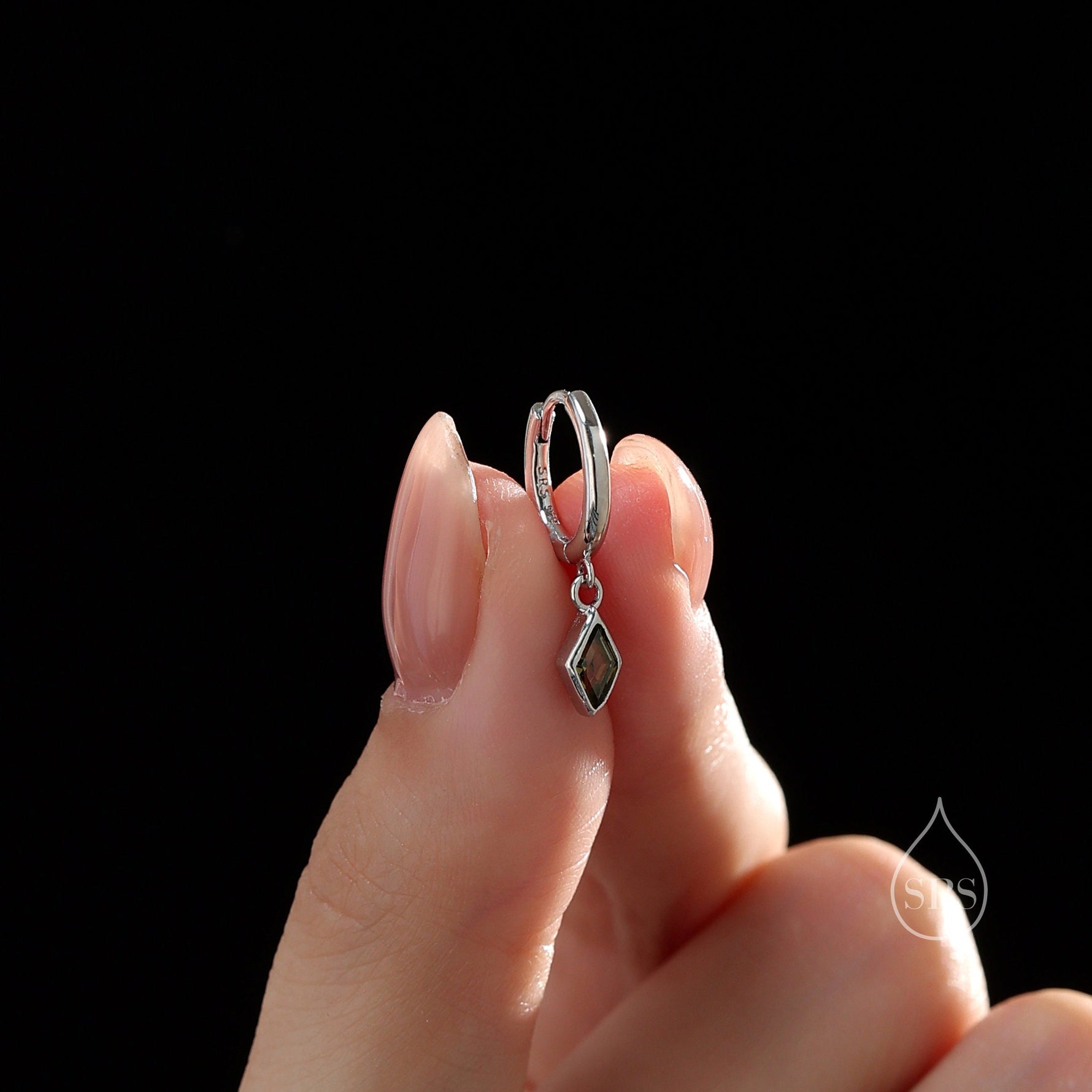 Very Tiny Rhombus Olive Green CZ Huggie Hoop in Sterling Silver, Silver or Gold, Minimalist Simple Kite Shape CZ Hoop Earrings