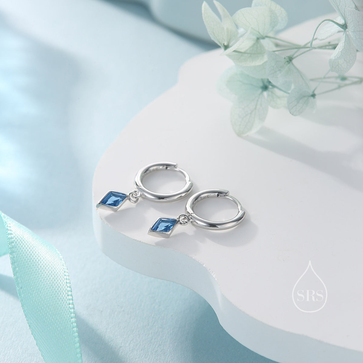 Very Tiny Rhombus Aquamarine Blue CZ Huggie Hoop in Sterling Silver, Silver or Gold, Minimalist Simple Kite Shape CZ Hoop Earrings