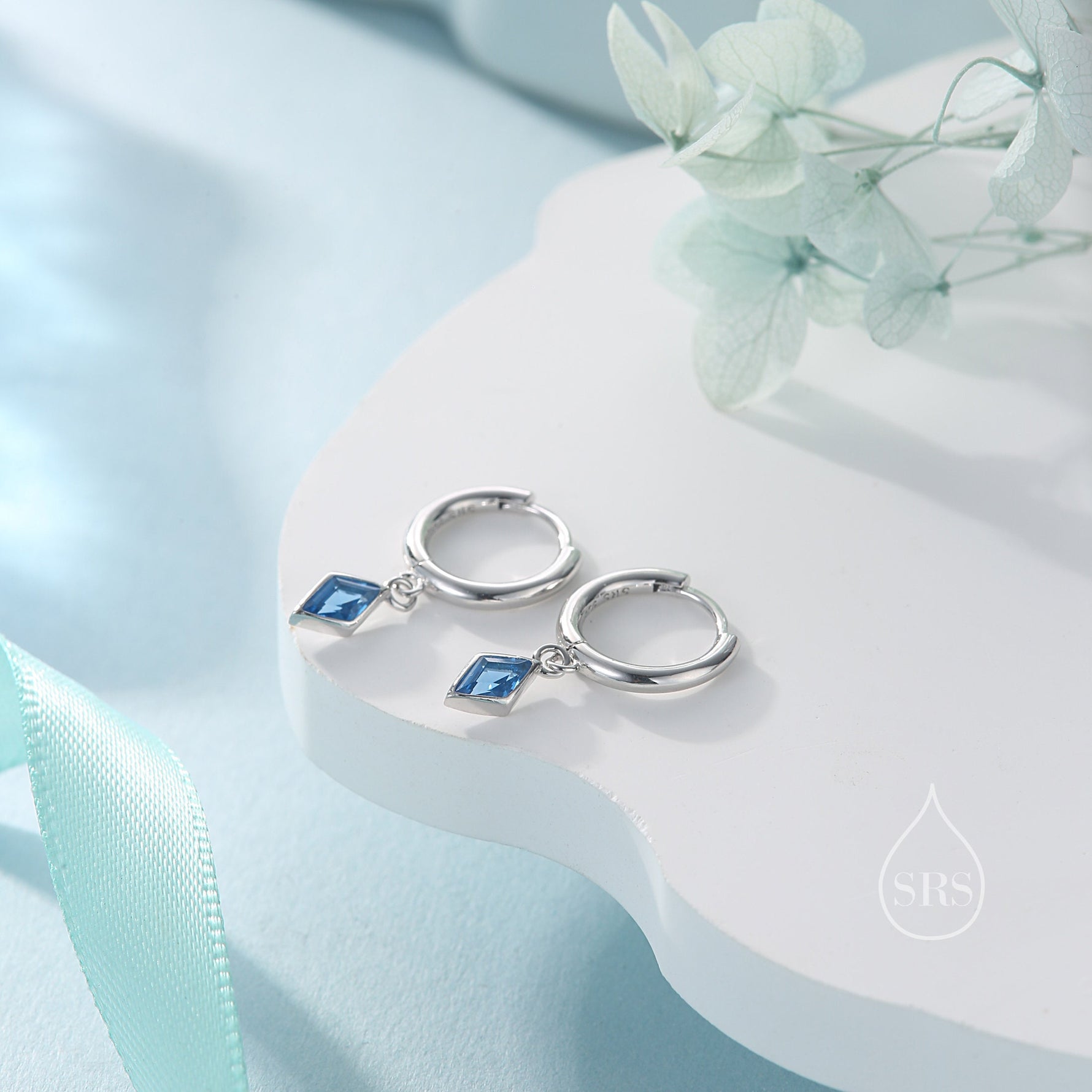 Very Tiny Rhombus Aquamarine Blue CZ Huggie Hoop in Sterling Silver, Silver or Gold, Minimalist Simple Kite Shape CZ Hoop Earrings