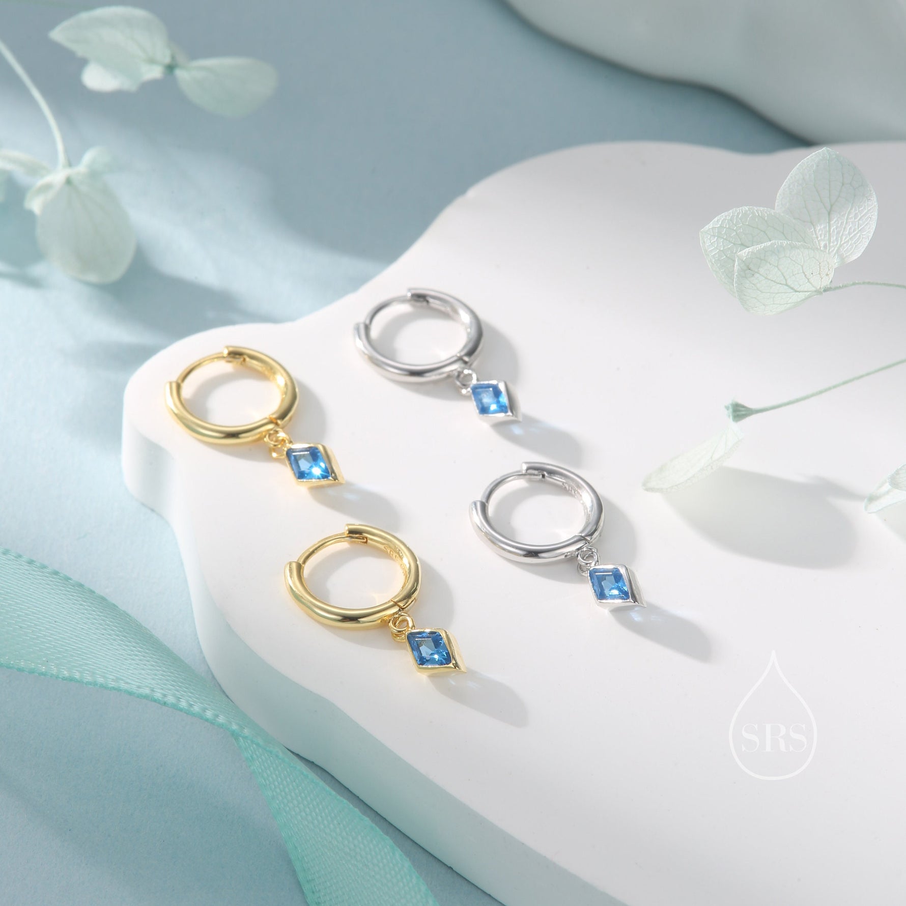 Very Tiny Rhombus Aquamarine Blue CZ Huggie Hoop in Sterling Silver, Silver or Gold, Minimalist Simple Kite Shape CZ Hoop Earrings