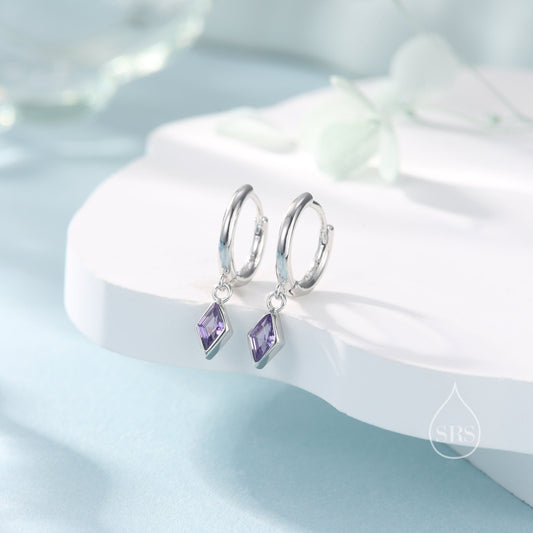 Very Tiny Rhombus Amethyst Purple CZ Huggie Hoop in Sterling Silver, Silver or Gold, Minimalist Simple Kite Shape CZ Hoop Earrings