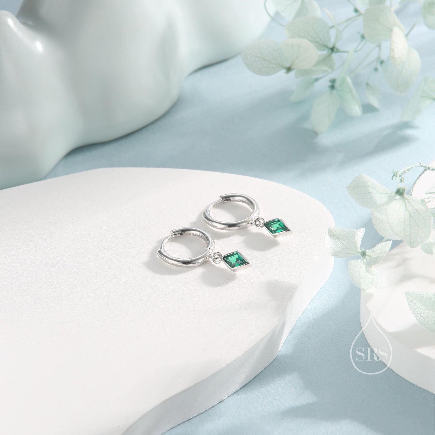 Very Tiny Rhombus Emerald Green CZ Huggie Hoop in Sterling Silver, Silver or Gold, Minimalist Simple Kite Shape CZ Hoop Earrings