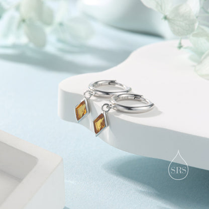 Very Tiny Rhombus Citrine Yellow CZ Huggie Hoop in Sterling Silver, Silver or Gold, Minimalist Simple Kite Shape CZ Hoop Earrings