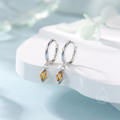 Very Tiny Rhombus Citrine Yellow CZ Huggie Hoop in Sterling Silver, Silver or Gold, Minimalist Simple Kite Shape CZ Hoop Earrings