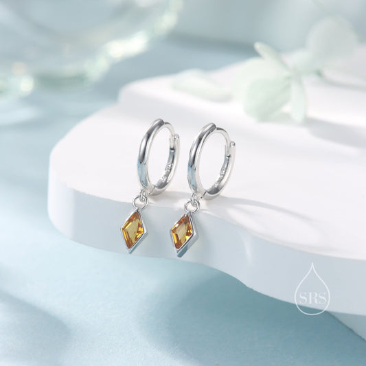 Very Tiny Rhombus Citrine Yellow CZ Huggie Hoop in Sterling Silver, Silver or Gold, Minimalist Simple Kite Shape CZ Hoop Earrings