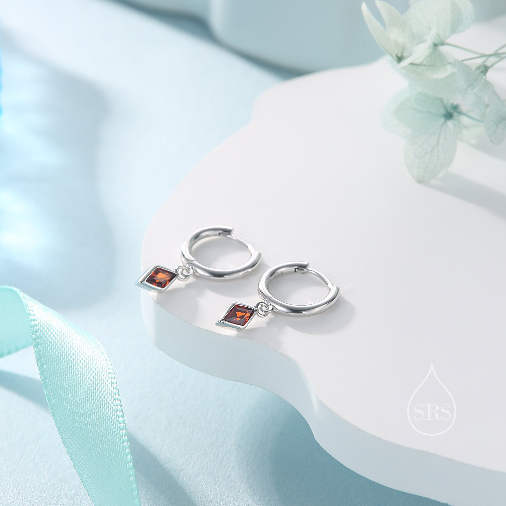 Very Tiny Rhombus Garnet Red CZ Huggie Hoop in Sterling Silver, Silver or Gold, Minimalist Simple Kite Shape CZ Hoop Earrings