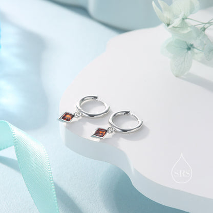 Very Tiny Rhombus Garnet Red CZ Huggie Hoop in Sterling Silver, Silver or Gold, Minimalist Simple Kite Shape CZ Hoop Earrings