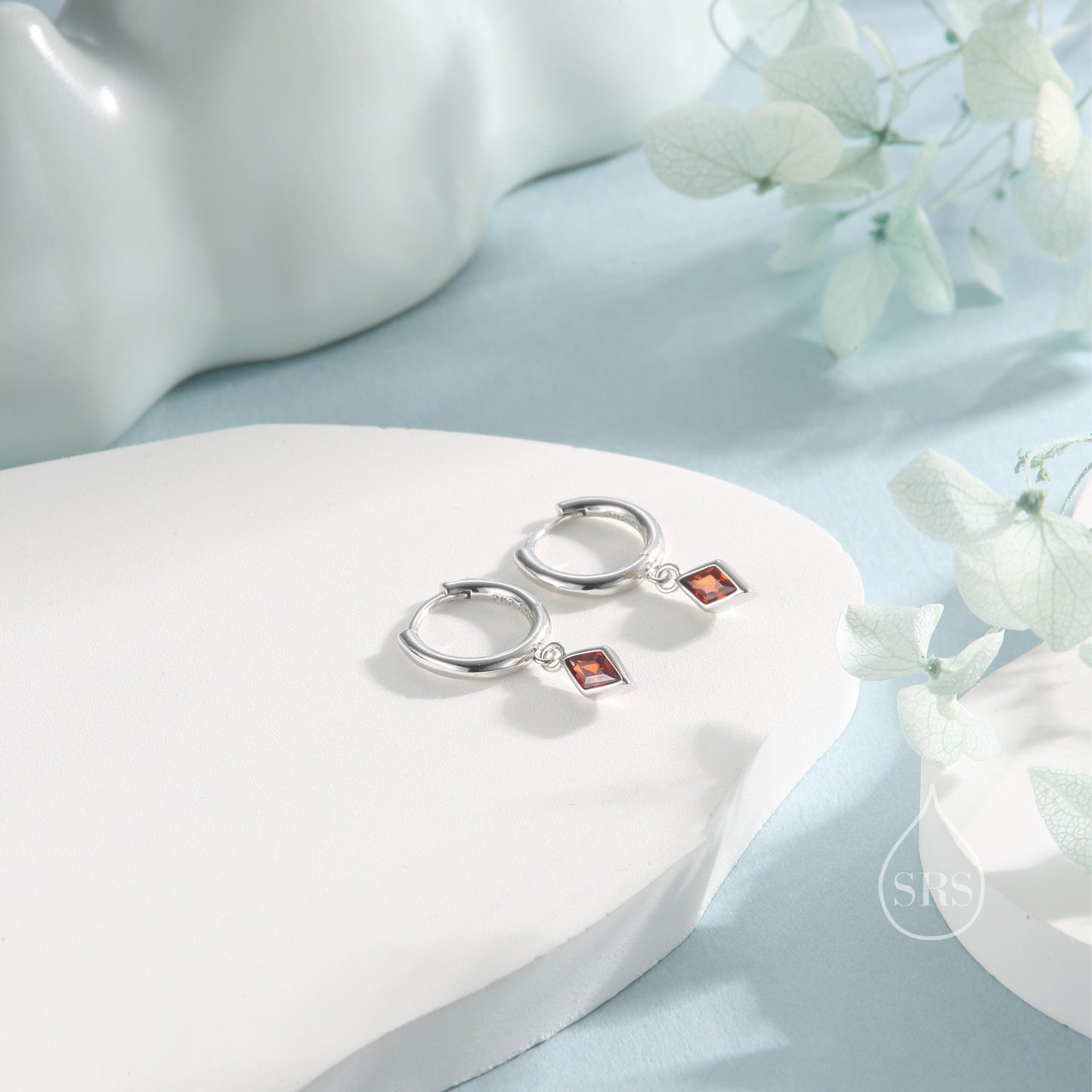 Very Tiny Rhombus Garnet Red CZ Huggie Hoop in Sterling Silver, Silver or Gold, Minimalist Simple Kite Shape CZ Hoop Earrings