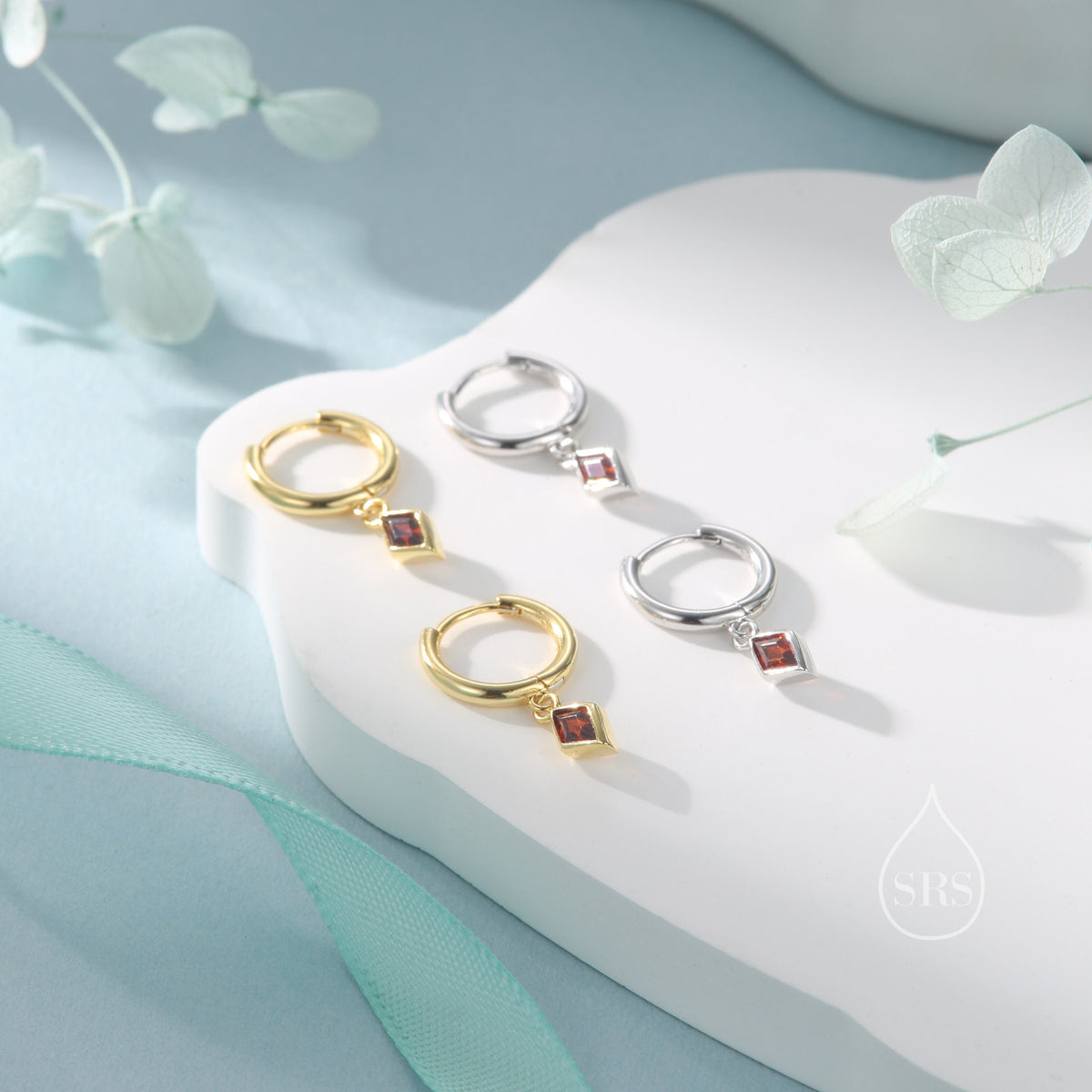 Very Tiny Rhombus Garnet Red CZ Huggie Hoop in Sterling Silver, Silver or Gold, Minimalist Simple Kite Shape CZ Hoop Earrings