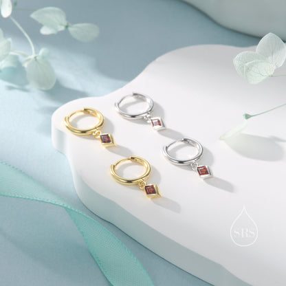 Very Tiny Rhombus Garnet Red CZ Huggie Hoop in Sterling Silver, Silver or Gold, Minimalist Simple Kite Shape CZ Hoop Earrings