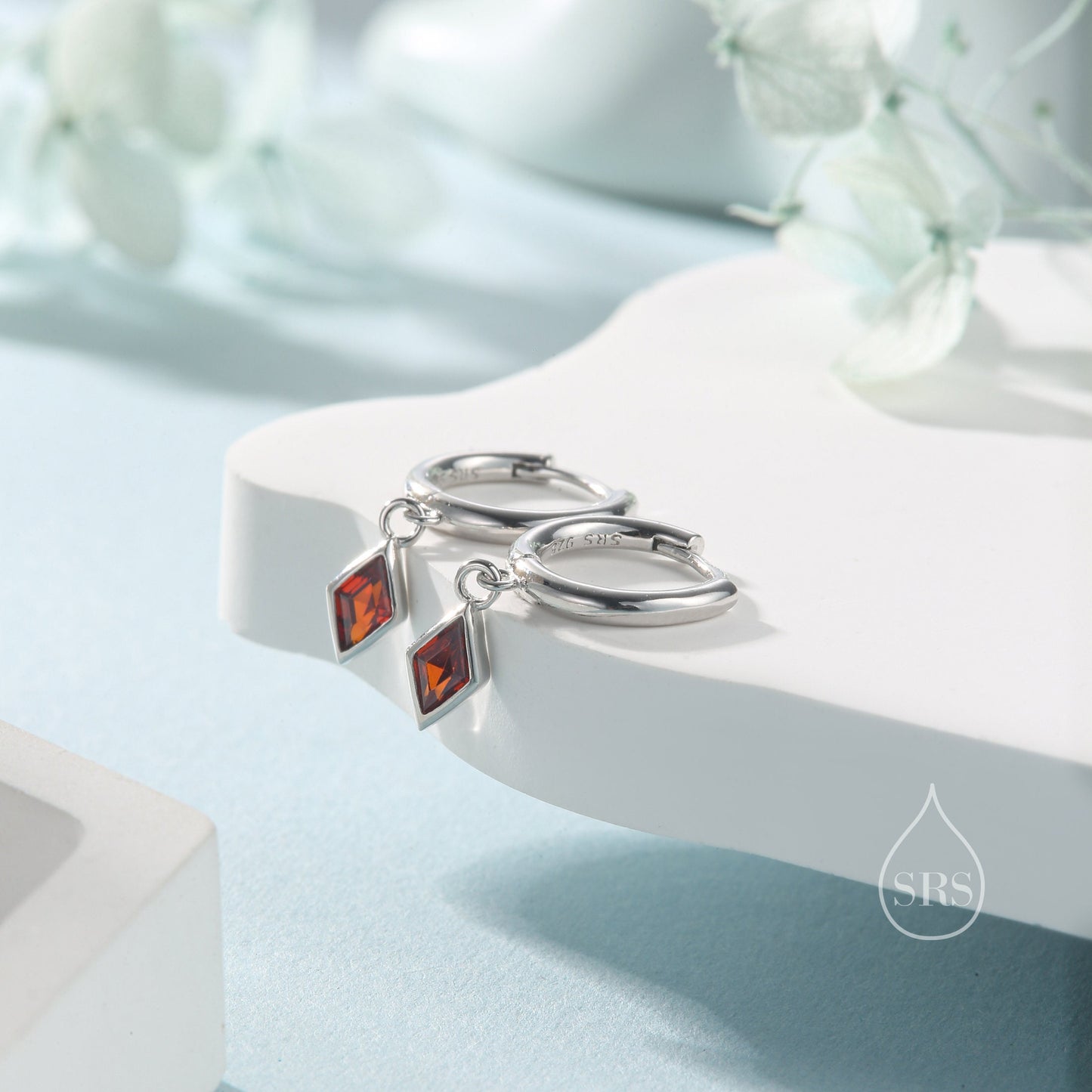 Very Tiny Rhombus Garnet Red CZ Huggie Hoop in Sterling Silver, Silver or Gold, Minimalist Simple Kite Shape CZ Hoop Earrings