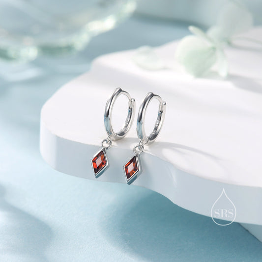 Very Tiny Rhombus Garnet Red CZ Huggie Hoop in Sterling Silver, Silver or Gold, Minimalist Simple Kite Shape CZ Hoop Earrings