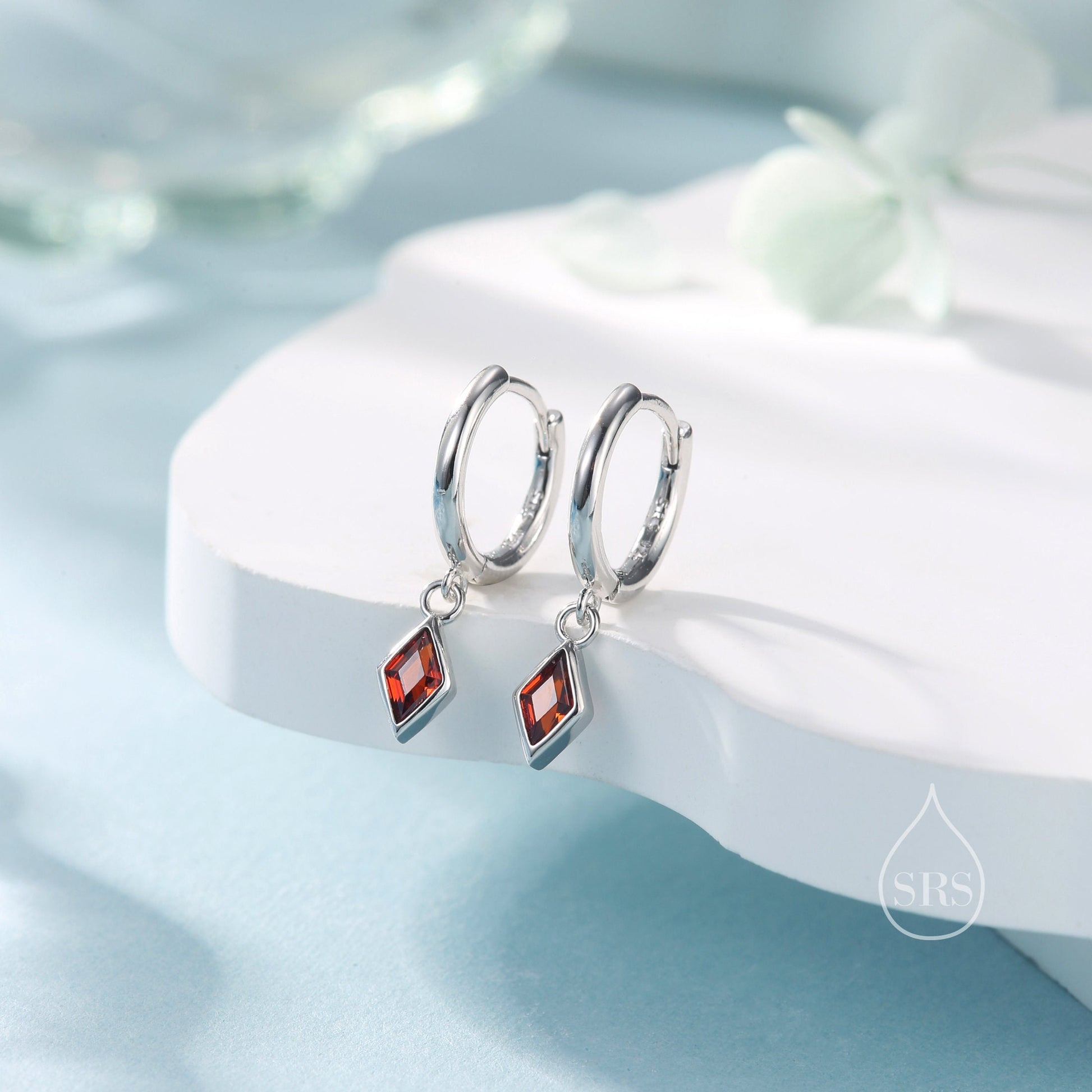 Very Tiny Rhombus Garnet Red CZ Huggie Hoop in Sterling Silver, Silver or Gold, Minimalist Simple Kite Shape CZ Hoop Earrings