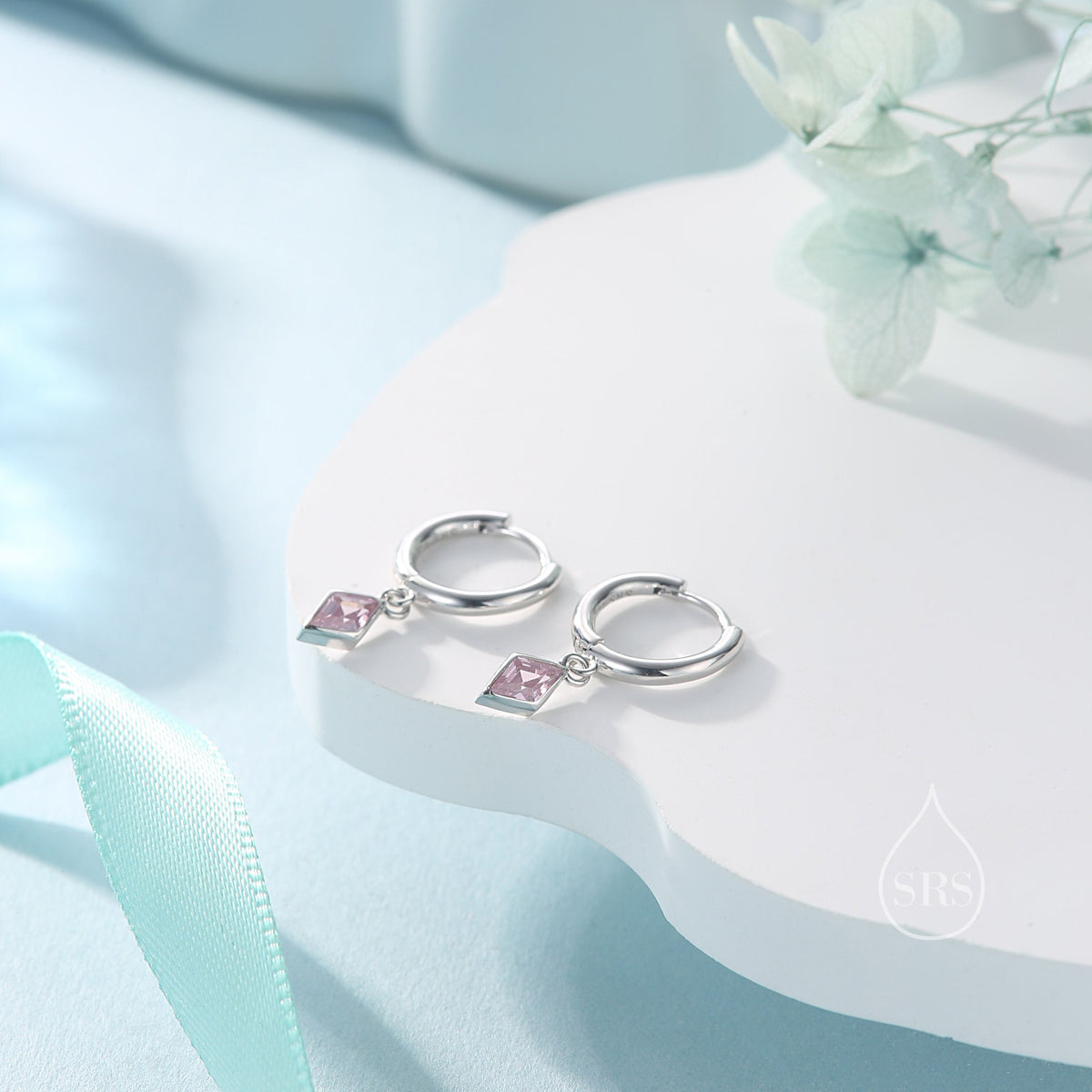 Very Tiny Rhombus Tourmaline Pink CZ Huggie Hoop in Sterling Silver, Silver or Gold, Minimalist Simple Kite Shape CZ Hoop Earrings