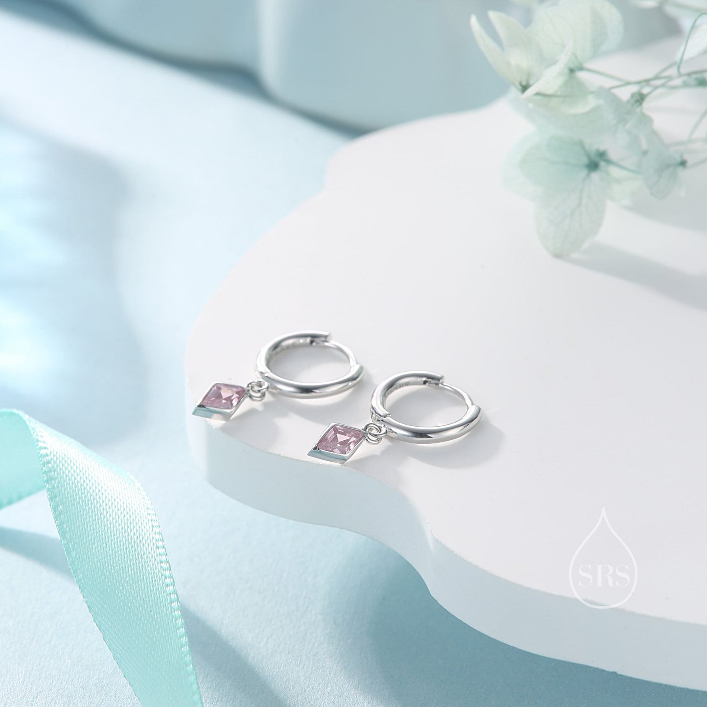 Very Tiny Rhombus Tourmaline Pink CZ Huggie Hoop in Sterling Silver, Silver or Gold, Minimalist Simple Kite Shape CZ Hoop Earrings