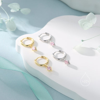 Very Tiny Rhombus Tourmaline Pink CZ Huggie Hoop in Sterling Silver, Silver or Gold, Minimalist Simple Kite Shape CZ Hoop Earrings