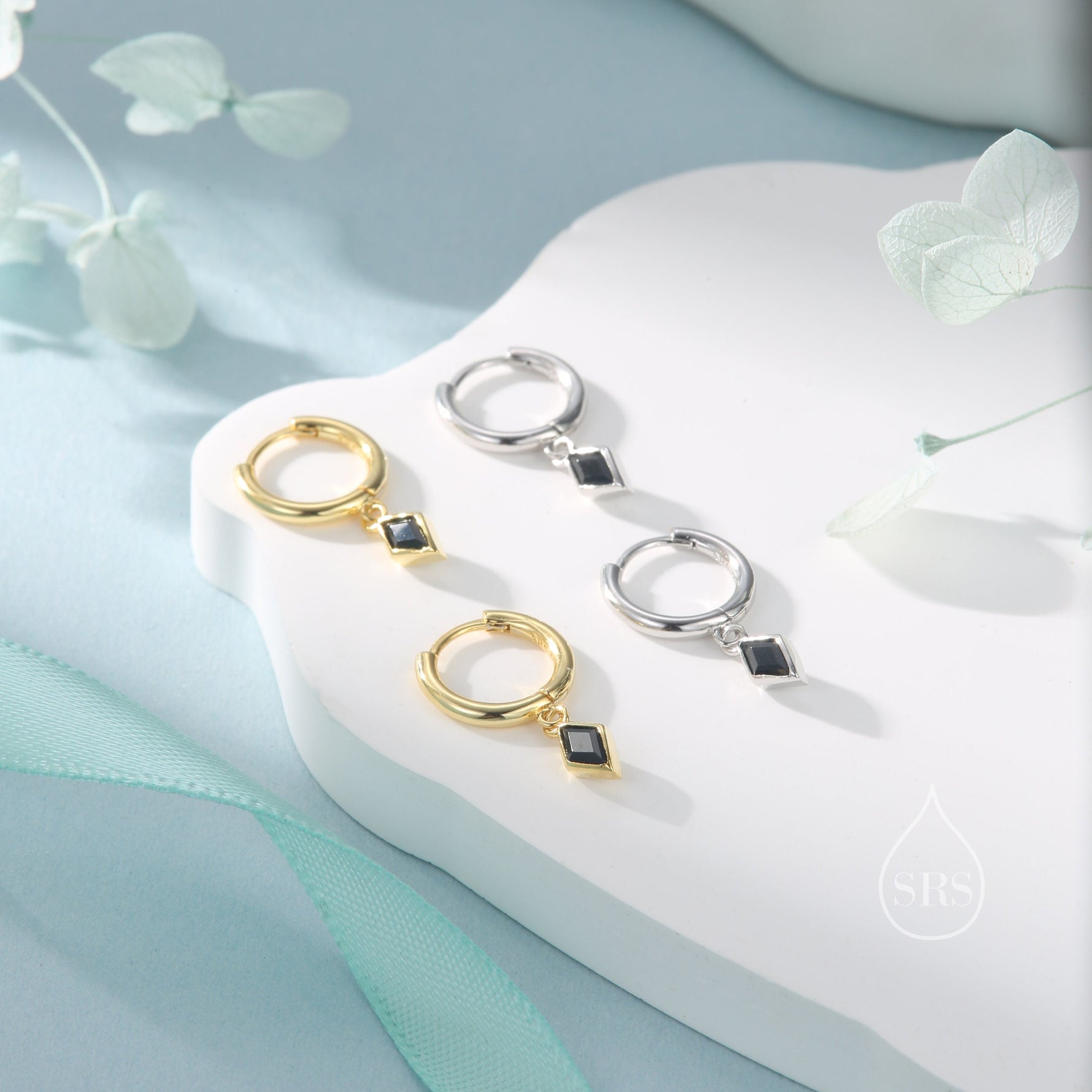 Very Tiny Rhombus Onyx Black CZ Huggie Hoop in Sterling Silver, Silver or Gold, Minimalist Simple Kite Shape CZ Hoop Earrings