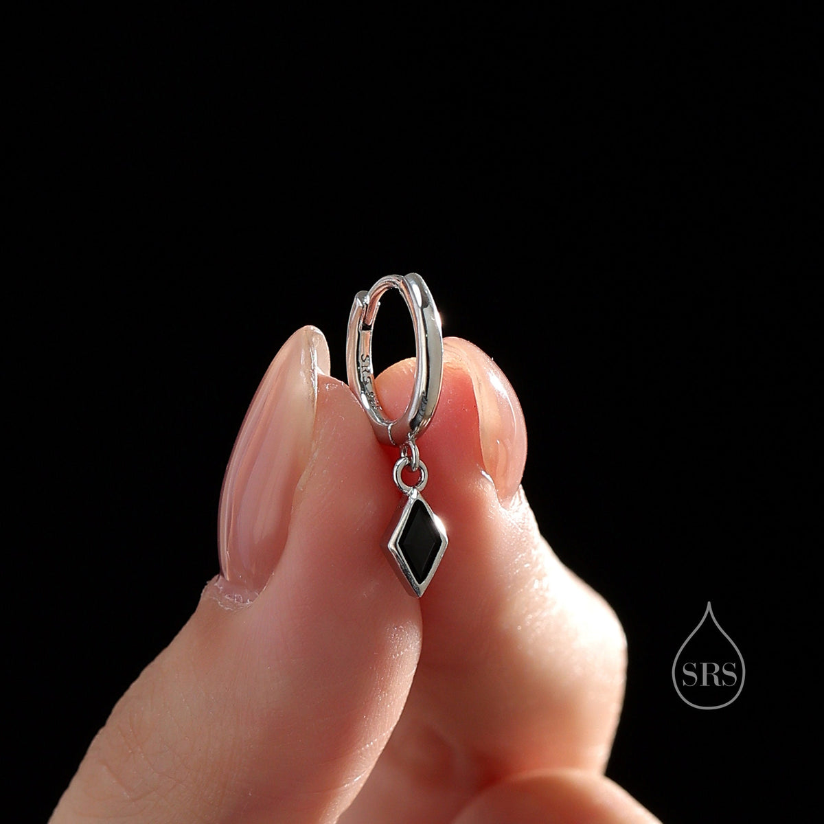 Very Tiny Rhombus Onyx Black CZ Huggie Hoop in Sterling Silver, Silver or Gold, Minimalist Simple Kite Shape CZ Hoop Earrings