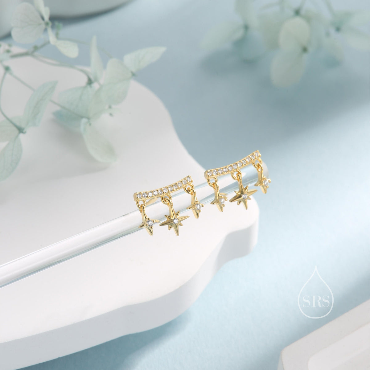 Dangling Star and Starburst Curved Bar Stud Earrings in Sterling Silver, Moon and Star Earrings in Sterling Silver, Gold or Rose Gold