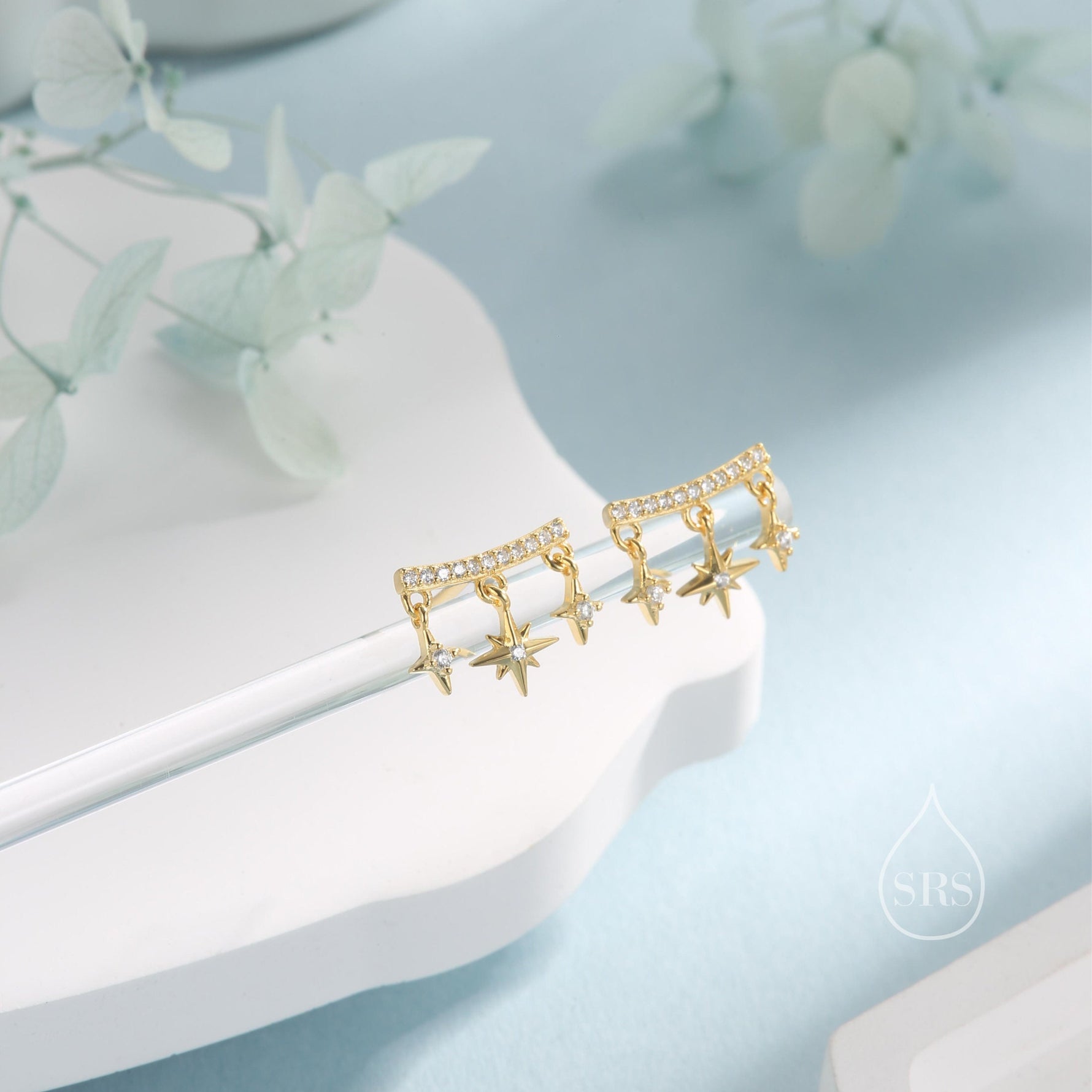 Dangling Star and Starburst Curved Bar Stud Earrings in Sterling Silver, Moon and Star Earrings in Sterling Silver, Gold or Rose Gold