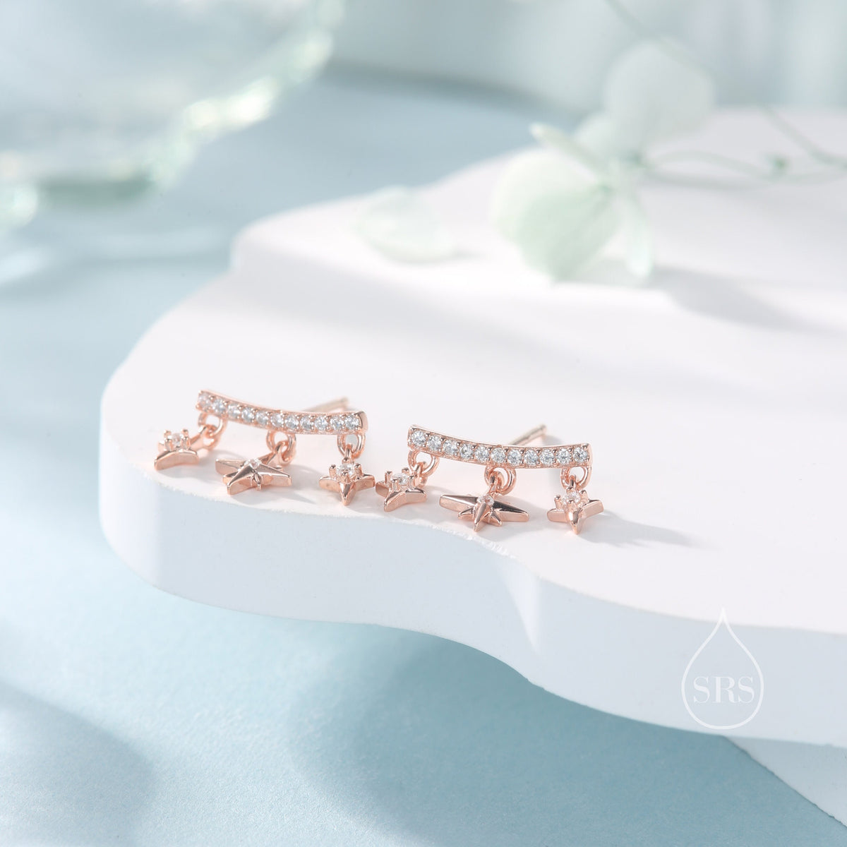 Dangling Star and Starburst Curved Bar Stud Earrings in Sterling Silver, Moon and Star Earrings in Sterling Silver, Gold or Rose Gold