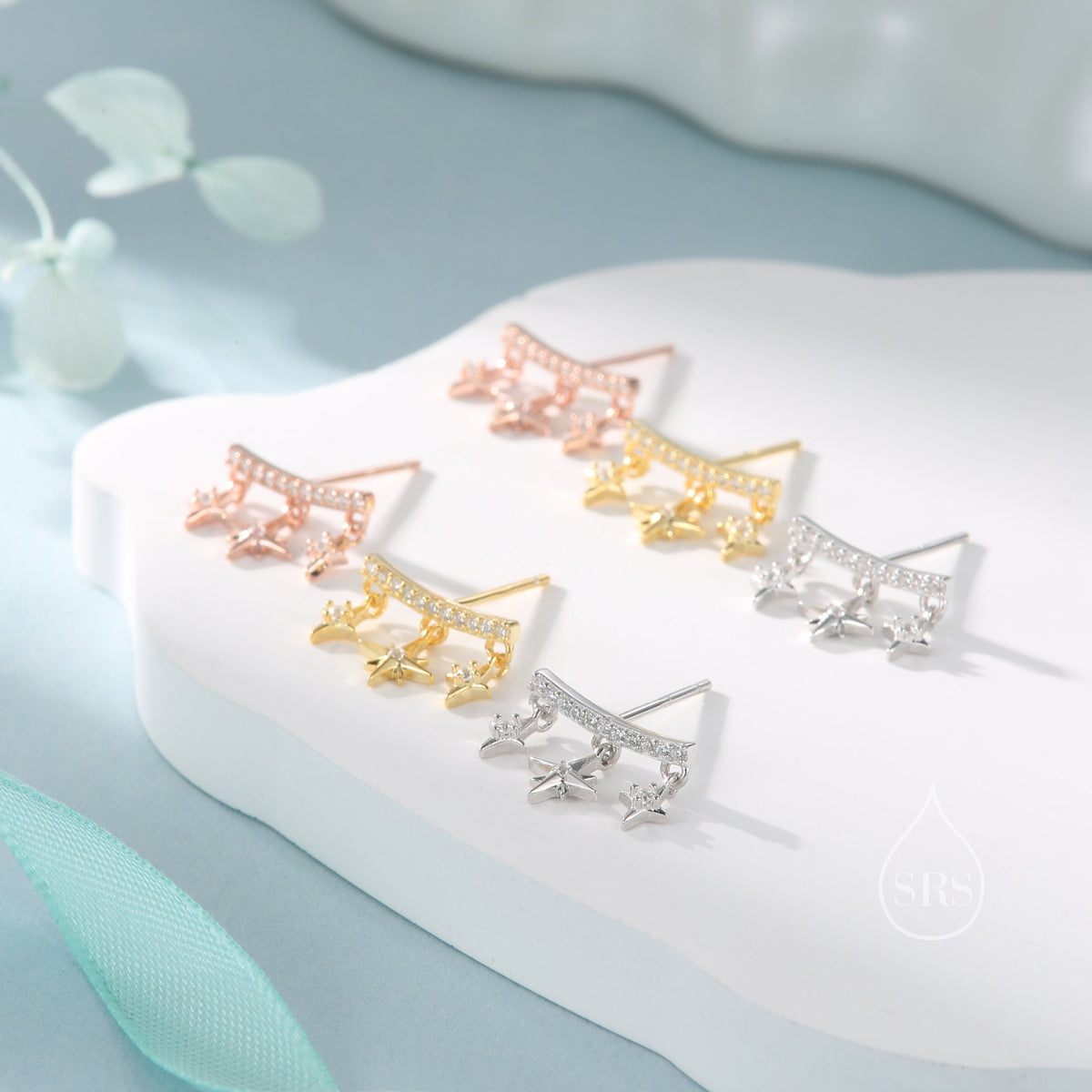 Dangling Star and Starburst Curved Bar Stud Earrings in Sterling Silver, Moon and Star Earrings in Sterling Silver, Gold or Rose Gold