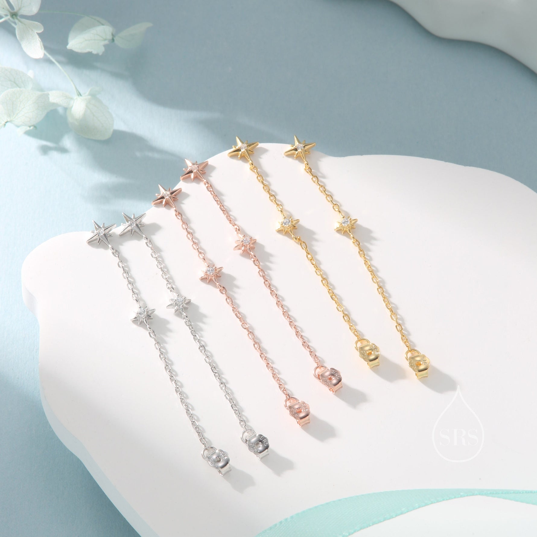 Starburst CZ Dangle Chain Stud Earrings in Sterling Silver, Silver, Gold or Rose Gold, North Star Earrings, Star Ear Jacket