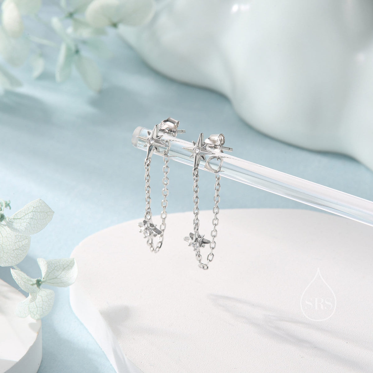 Starburst CZ Dangle Chain Stud Earrings in Sterling Silver, Silver, Gold or Rose Gold, North Star Earrings, Star Ear Jacket