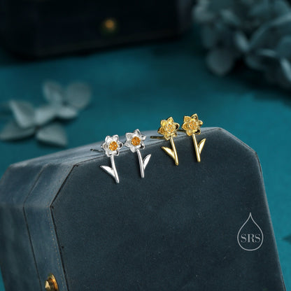 Daffodil Stud Earrings in Sterling Silver, Tiny Flower Earrings, Two Finishes, Daffodil Earrings,  March Birth Flower