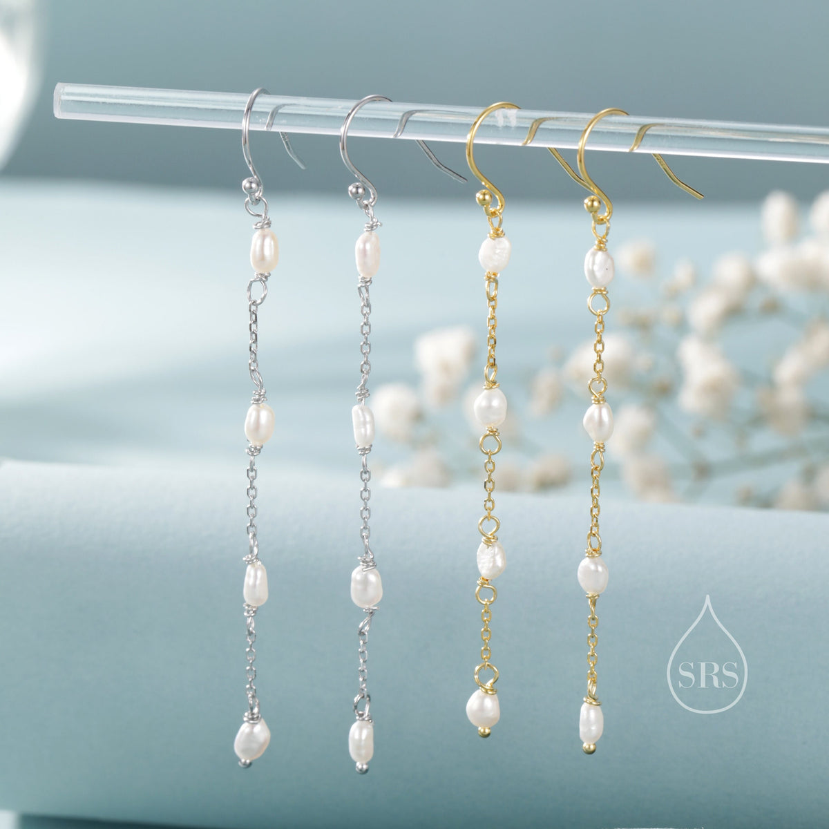 Oval Freshwater Pearl Long Drop Hook Earrings in Sterling Silver