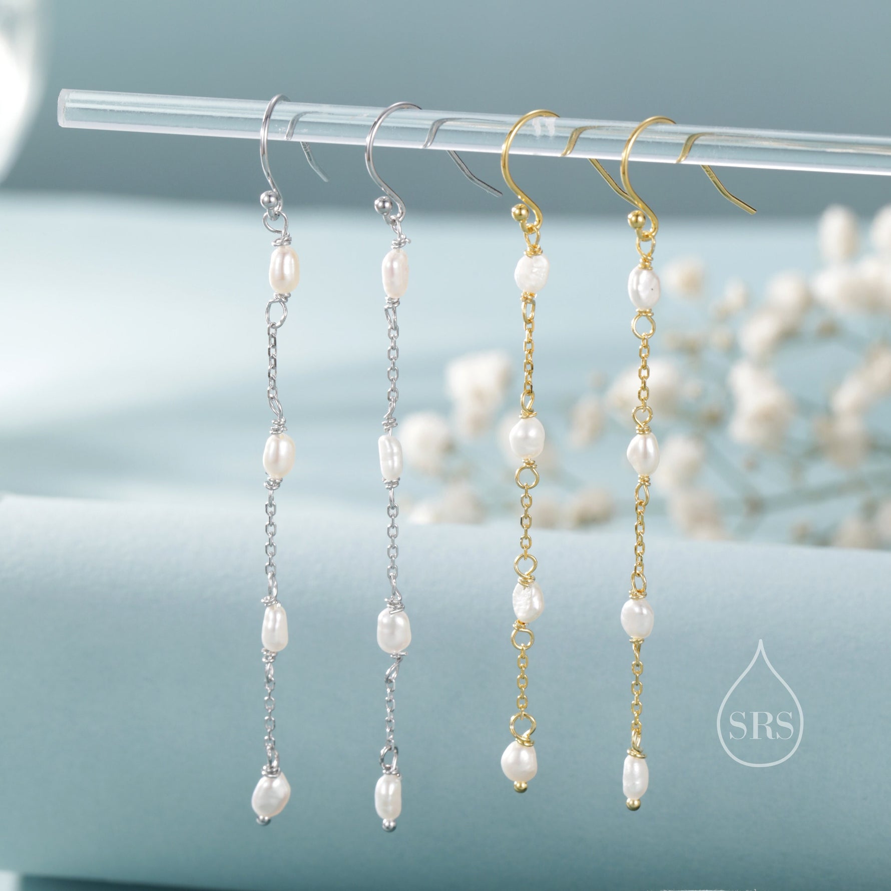 Oval Freshwater Pearl Long Drop Hook Earrings in Sterling Silver