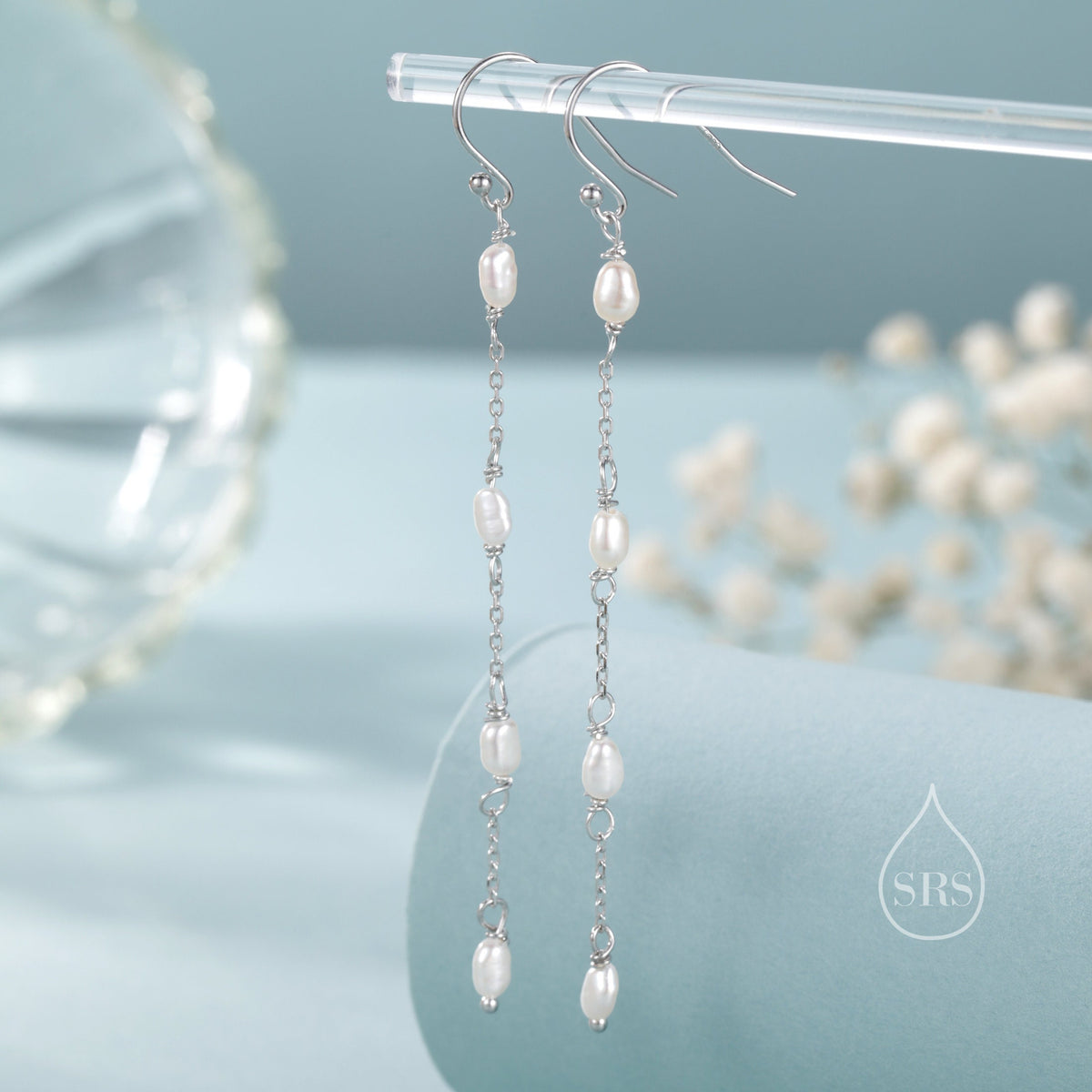 Oval Freshwater Pearl Long Drop Hook Earrings in Sterling Silver