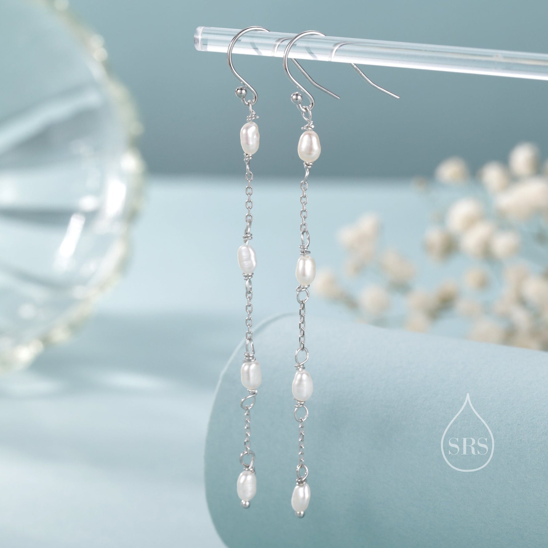 Oval Freshwater Pearl Long Drop Hook Earrings in Sterling Silver