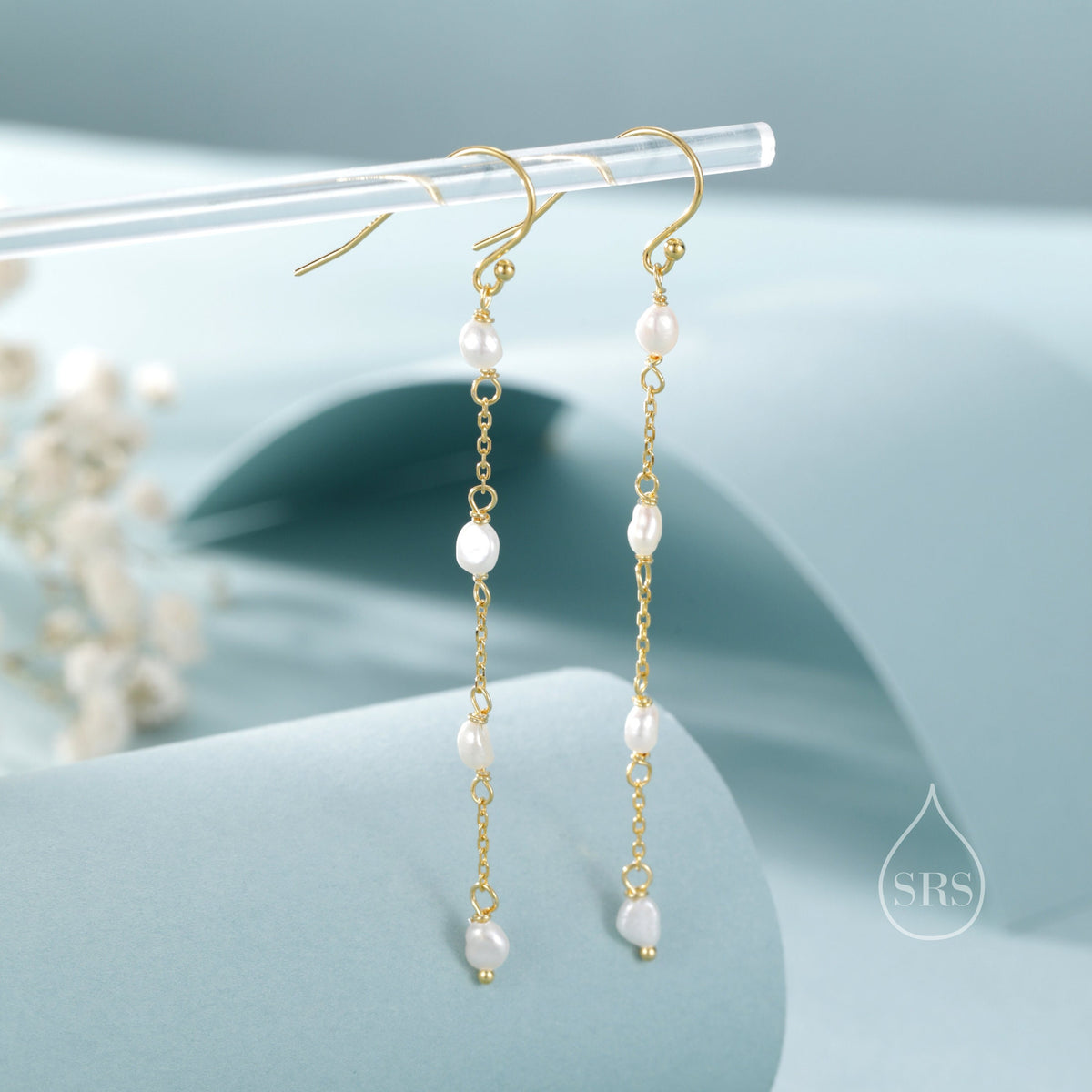 Oval Freshwater Pearl Long Drop Hook Earrings in Sterling Silver