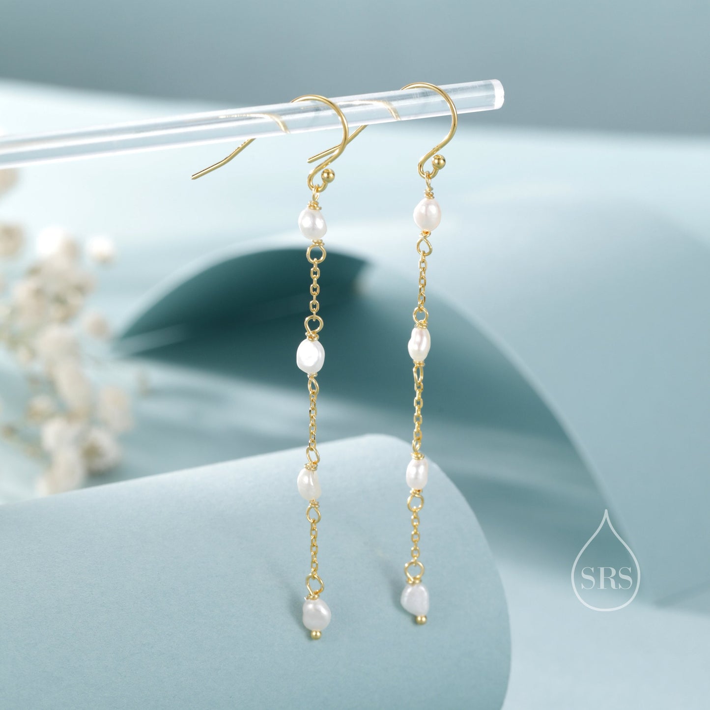 Oval Freshwater Pearl Long Drop Hook Earrings in Sterling Silver, Silver or Gold, Irregular Shape Pearl Drop Earrings, Natural Pearls