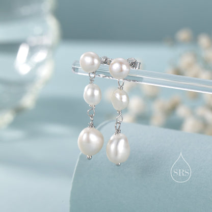 Irregular Shaped Freshwater Pearl Trio Drop Hook Earrings in Sterling Silver, Silver or Gold, Baroque Pearl Drop Earrings, Natural Pearls