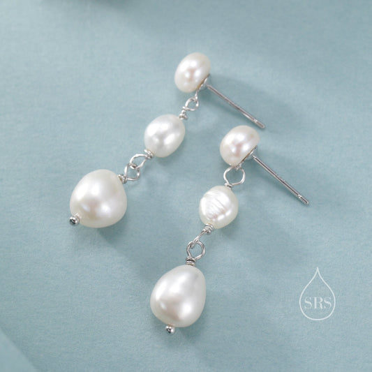 Irregular Shaped Freshwater Pearl Trio Drop Hook Earrings in Sterling Silver, Silver or Gold, Baroque Pearl Drop Earrings, Natural Pearls