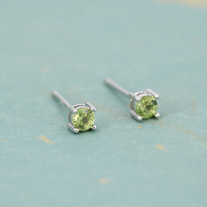 Extra Tiny 3mm Natural Peridot Stud Earrings in Sterling Silver, Four Prong Set, Genuine Peridot Gemstone Stud, Minimalist Style