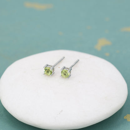 Extra Tiny 3mm Natural Peridot Stud Earrings in Sterling Silver, Four Prong Set, Genuine Peridot Gemstone Stud, Minimalist Style