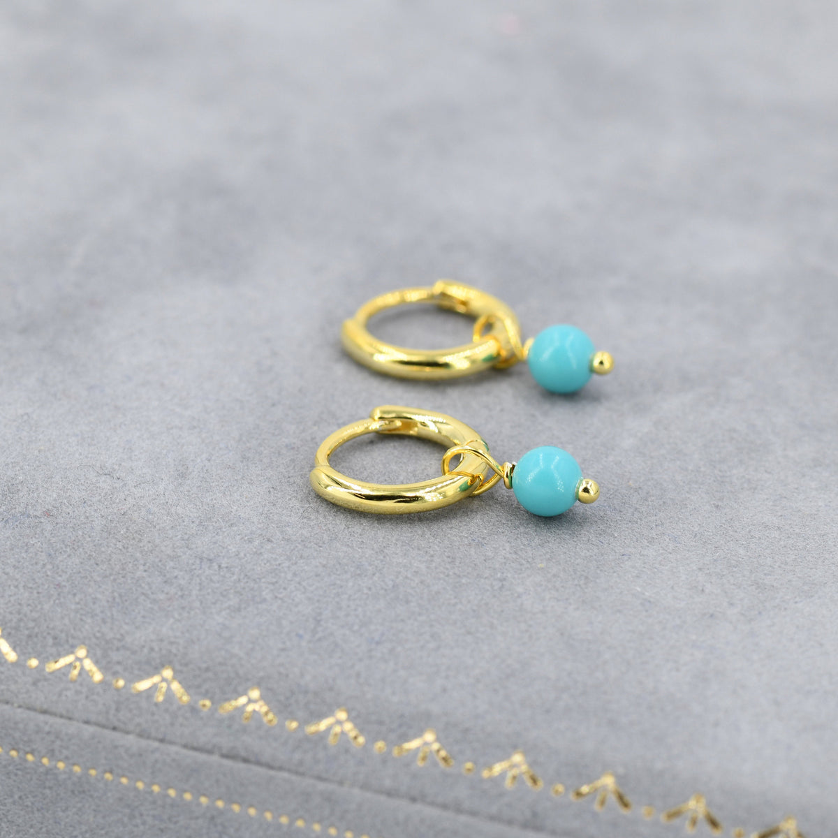 Sterling Silver Blue Turquoise Bead Huggie Hoop Earrings, Silver or Gold, Minimalist Turquoise Dangle Hoop Earrings, Turquoise Hoop Earrings