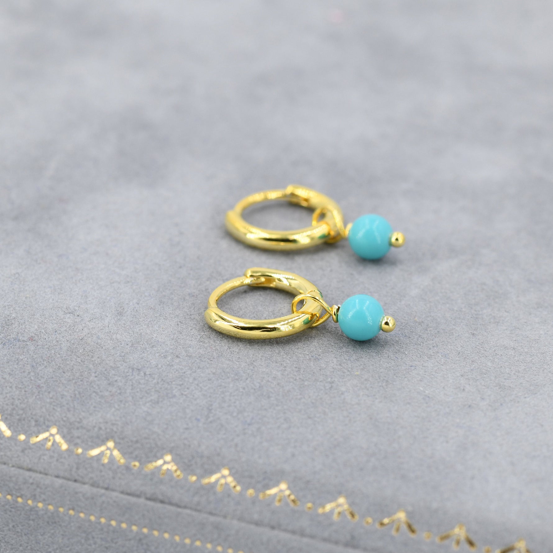 Sterling Silver Blue Turquoise Bead Huggie Hoop Earrings, Silver or Gold, Minimalist Turquoise Dangle Hoop Earrings, Turquoise Hoop Earrings