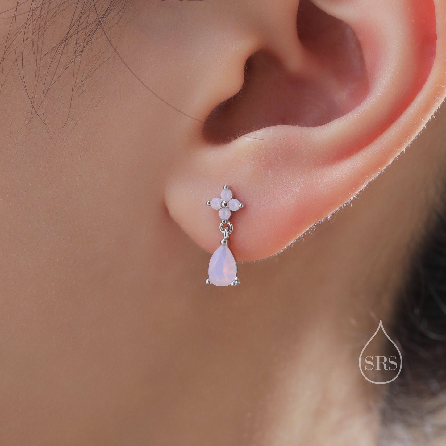 Sterling Silver Four CZ and Droplet Stud Earrings with Opal Pink CZs, Silver or Gold, Hydrangea CZ Earrings with Pong Set Dangle Dropet