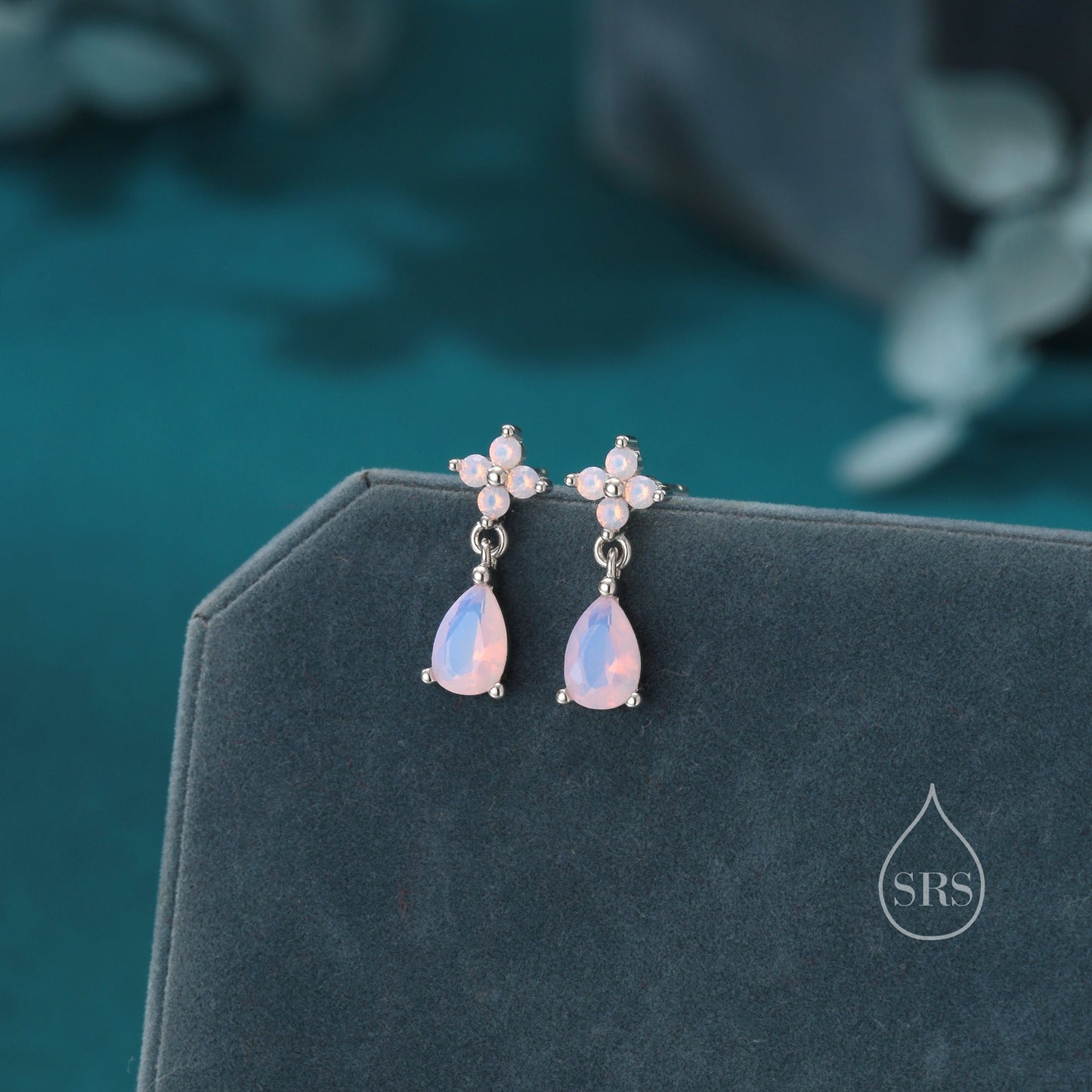 Sterling Silver Four CZ and Droplet Stud Earrings with Opal Pink CZs, Silver or Gold, Hydrangea CZ Earrings with Pong Set Dangle Dropet