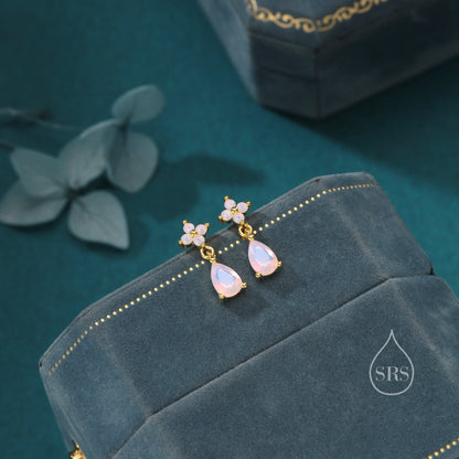 Sterling Silver Four CZ and Droplet Stud Earrings with Opal Pink CZs, Silver or Gold, Hydrangea CZ Earrings with Pong Set Dangle Dropet