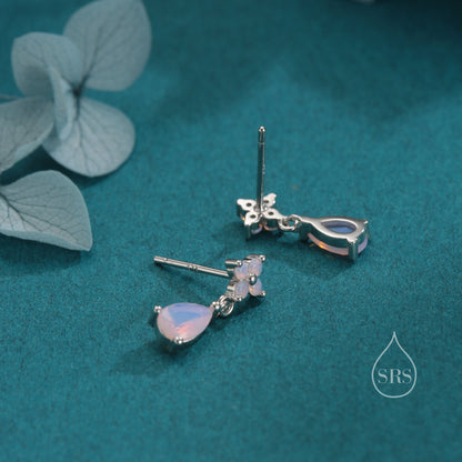 Sterling Silver Four CZ and Droplet Stud Earrings with Opal Pink CZs, Silver or Gold, Hydrangea CZ Earrings with Pong Set Dangle Dropet