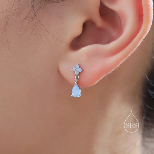 Sterling Silver Four CZ and Droplet Stud Earrings with Opal Blue CZs, Silver or Gold, Hydrangea CZ Earrings with Pong Set Dangle Dropet