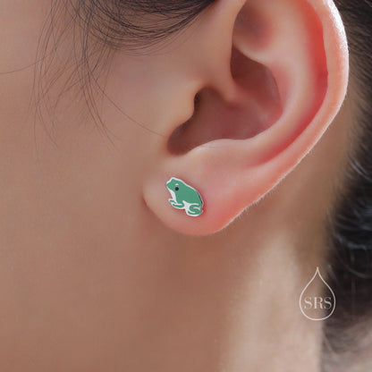 Mismatched Enamel Frog and Mushroom Stud Earrings in Sterling Silver, Kawaii Mushroom and Frog Earrings, Asymmetric Green Frog Earrings,