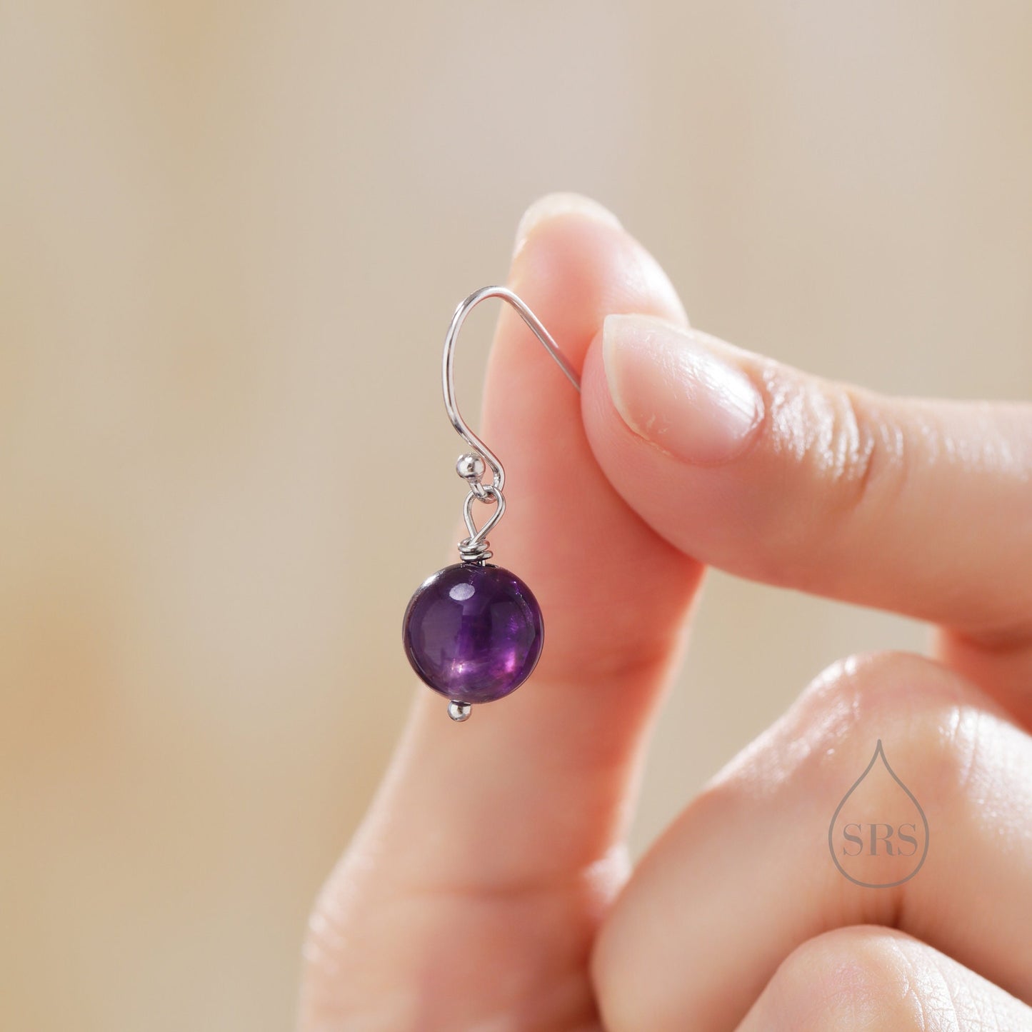 Natural Amethyst Bead Hook Earrings in Sterling Silver, 8mm Amethyst Earrings, Silver or Gold, Genuine Amethyst Drop Earrings