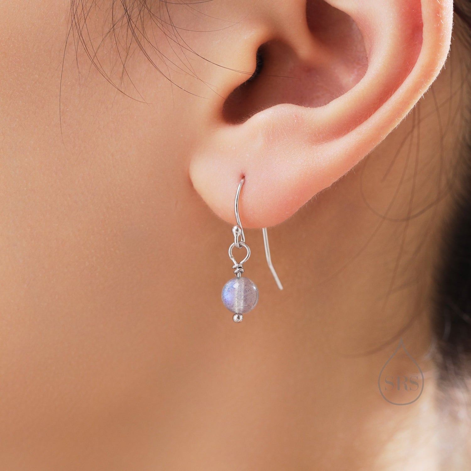 Genuine Labradorite Drop Hook Earrings in Sterling Silver, Silver or Gold, 6mm Labradorite Ball Earrings