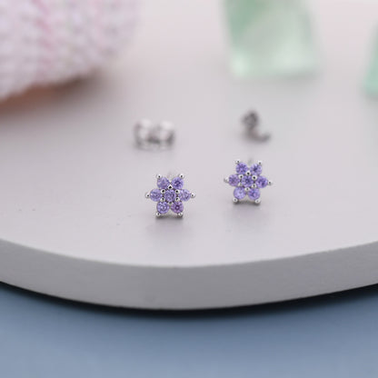 Very Tiny Amethyst Purple CZ Flower Stud Earrings in Sterling Silver, Silver or Gold, Crystal Flower Earrings, Stacking Earrings